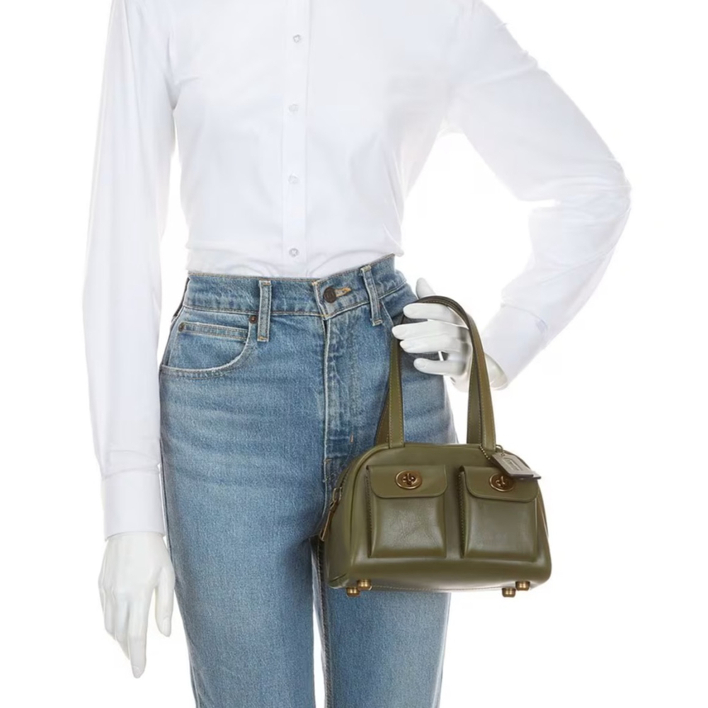 Coach Olive Green Leather Satchel with Gold Hardware and Front Pockets - Picture 6 of 6